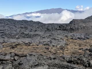 Oozing shapes of pahoehoe lava; Mauna Kea in the background